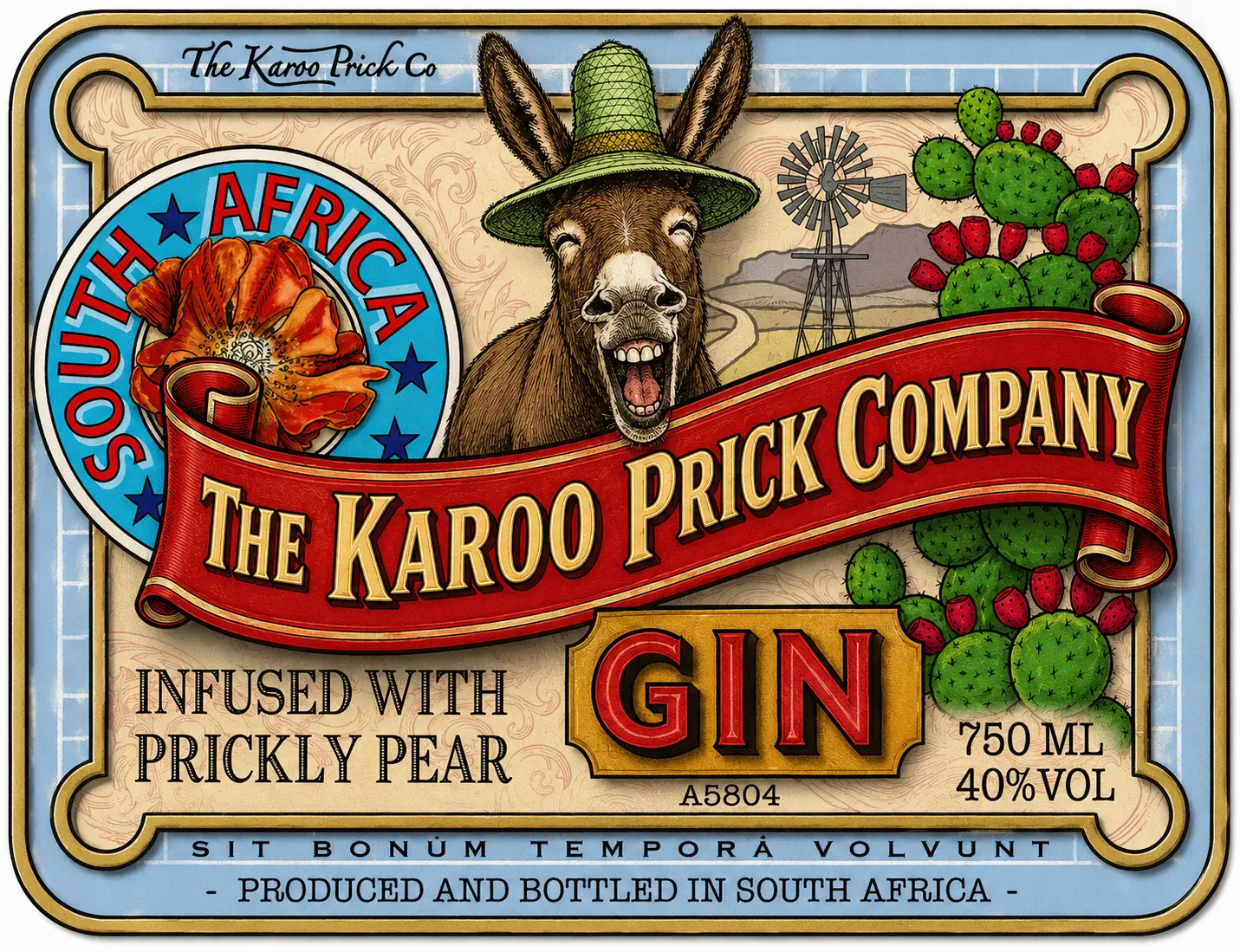Front label artwork featuring the Karoo Prick donkey and prickly pears