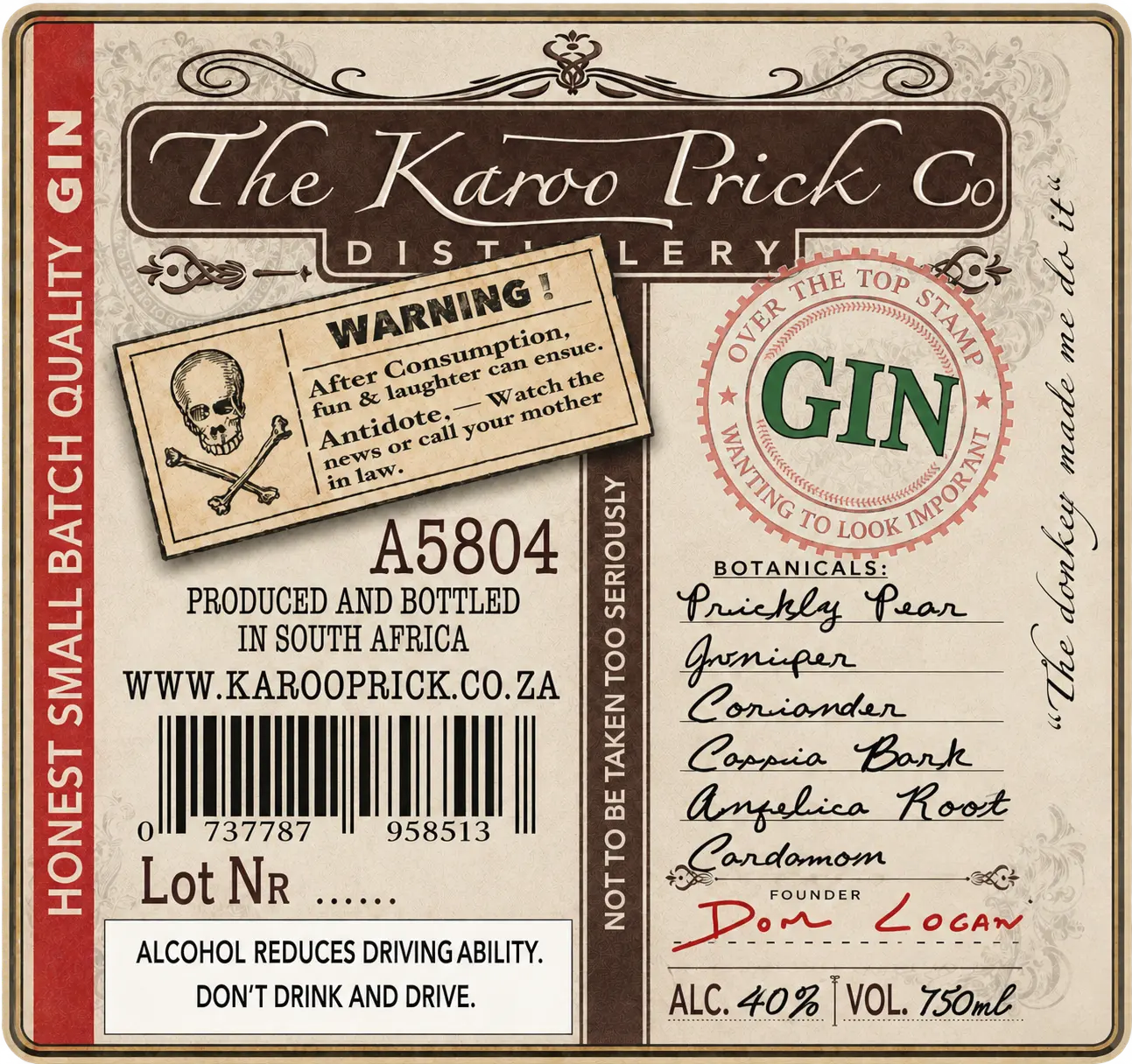 Karoo Prick gin back label with botanicals list and production seal