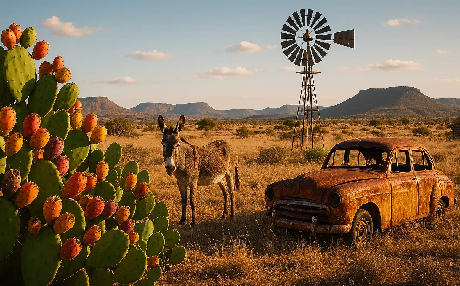 A donkey stands beside an abandoned car and a prickly pear cactus in the Karoo at golden hour