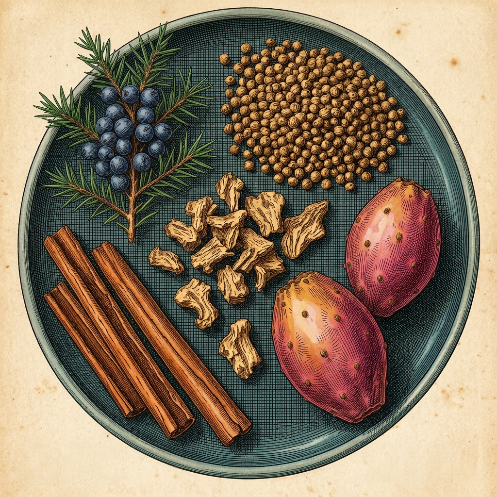 Six botanicals arranged on a dark plate: prickly pear, juniper, coriander, cappia bark, angelica root and cardamom