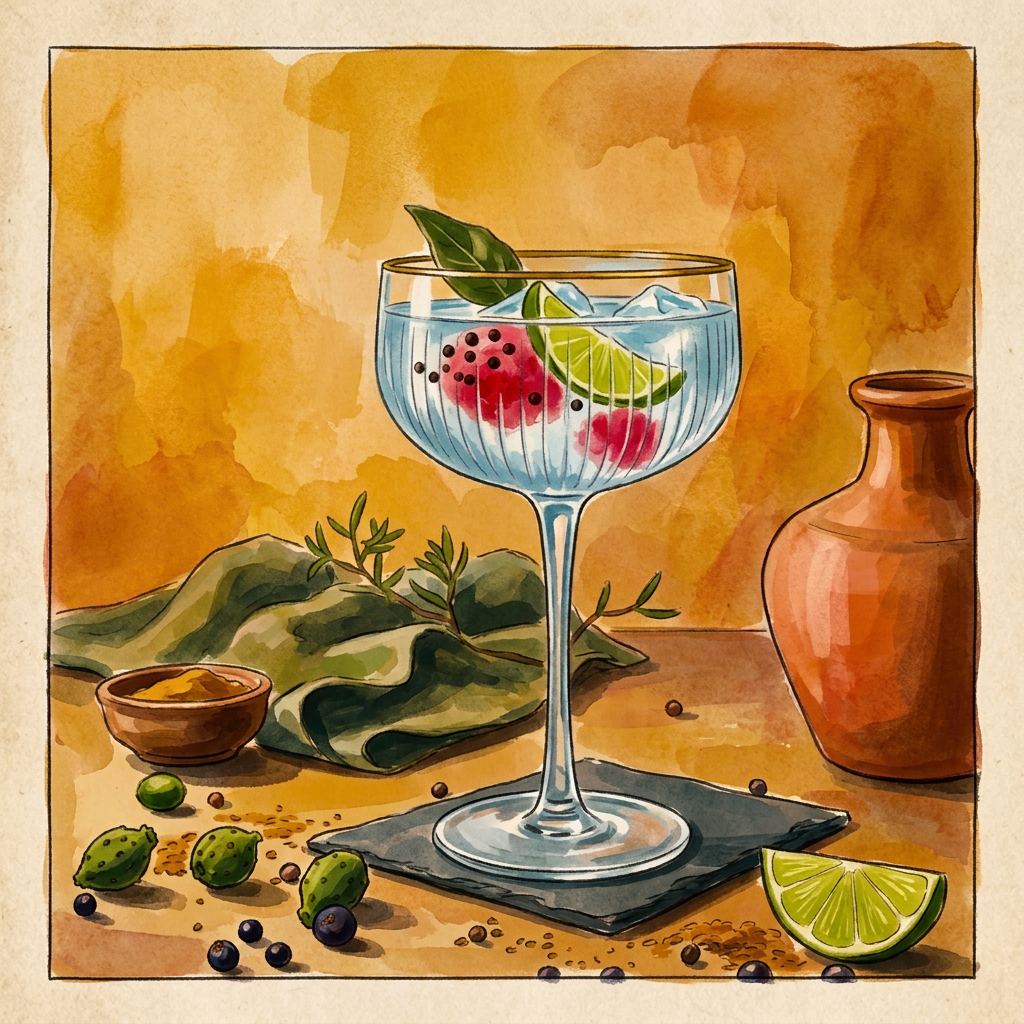 A prickly pear gin cocktail served in a ribbed coupe glass with lime and botanicals